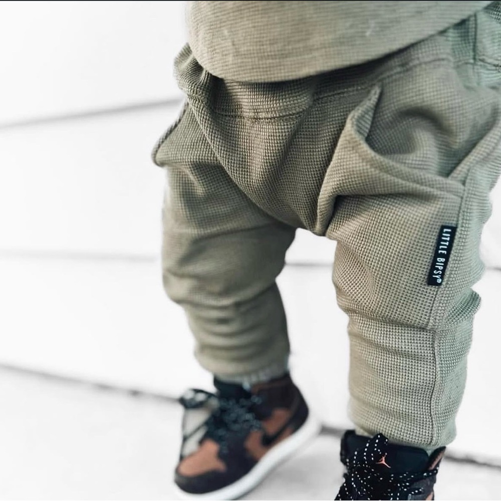 Little Bipsy Olive Green Waffle Knit Jogger Pants